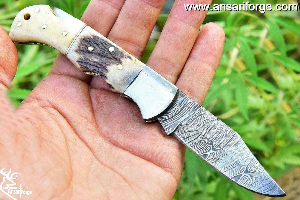 Custom Handmade Damascus Steel Pocket Knife Stag Bone Handle Lock Back Folding Knife With Sheath.