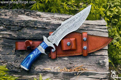 LTQSA Knives Handmade Damascus Bowie Knife 15 " inches Sub hilt Tactical Hunting Knife With Leather Sheath .