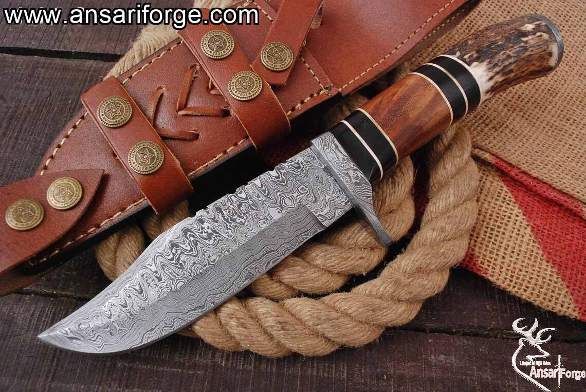 Damascus Steel Handmade Hunting Knife With Stag Antler Handle And Leather Sheath