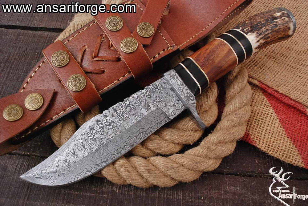 Damascus Steel Handmade Hunting Knife With Stag Antler Handle And Leather Sheath