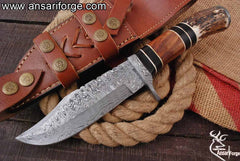 Damascus Steel Handmade Hunting Knife With Stag Antler Handle And Leather Sheath