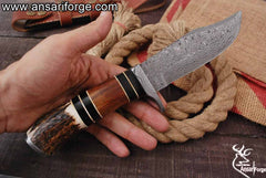 Damascus Steel Handmade Hunting Knife With Stag Antler Handle And Leather Sheath
