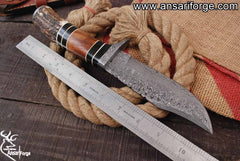 Damascus Steel Handmade Hunting Knife With Stag Antler Handle And Leather Sheath