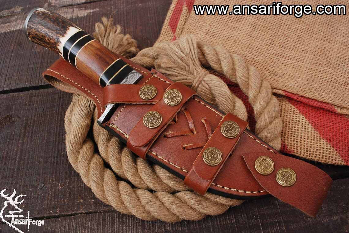 Damascus Steel Handmade Hunting Knife With Stag Antler Handle And Leather Sheath