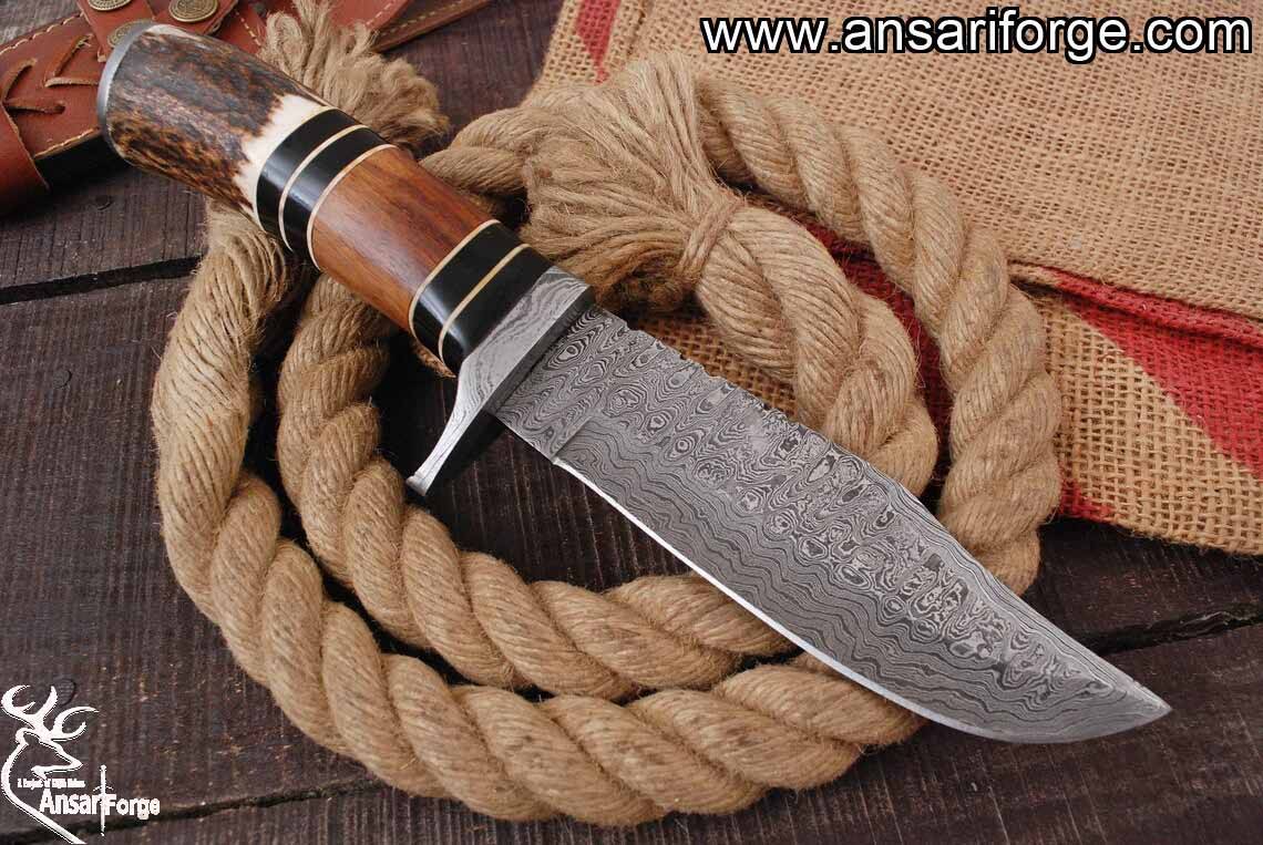 Damascus Steel Handmade Hunting Knife With Stag Antler Handle And Leather Sheath