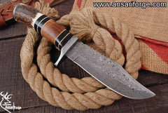 Damascus Steel Handmade Hunting Knife With Stag Antler Handle And Leather Sheath