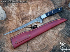 13 Inch Buffalo Horn Handle Full Tang Outdoor Damascus Fish Fillet Knife With Leather Sheath.