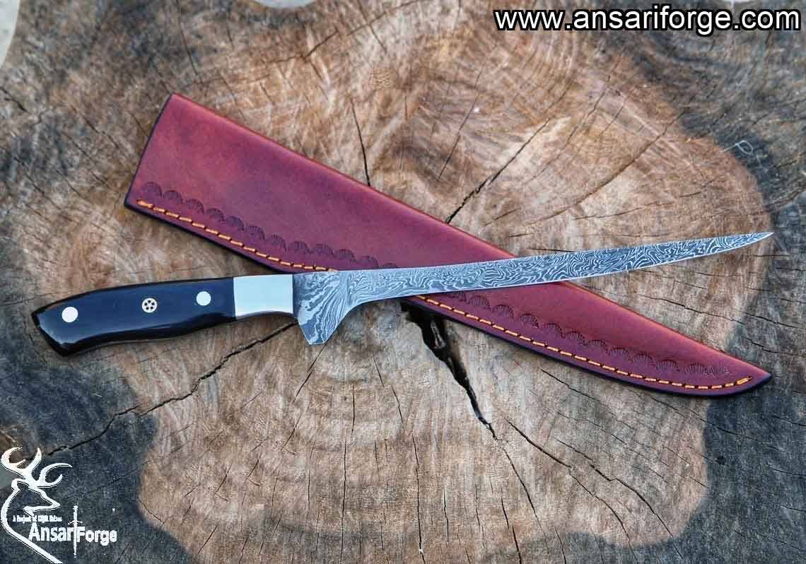 Best fillet knife with genuine leather sheath and stainless steel bolsters.
