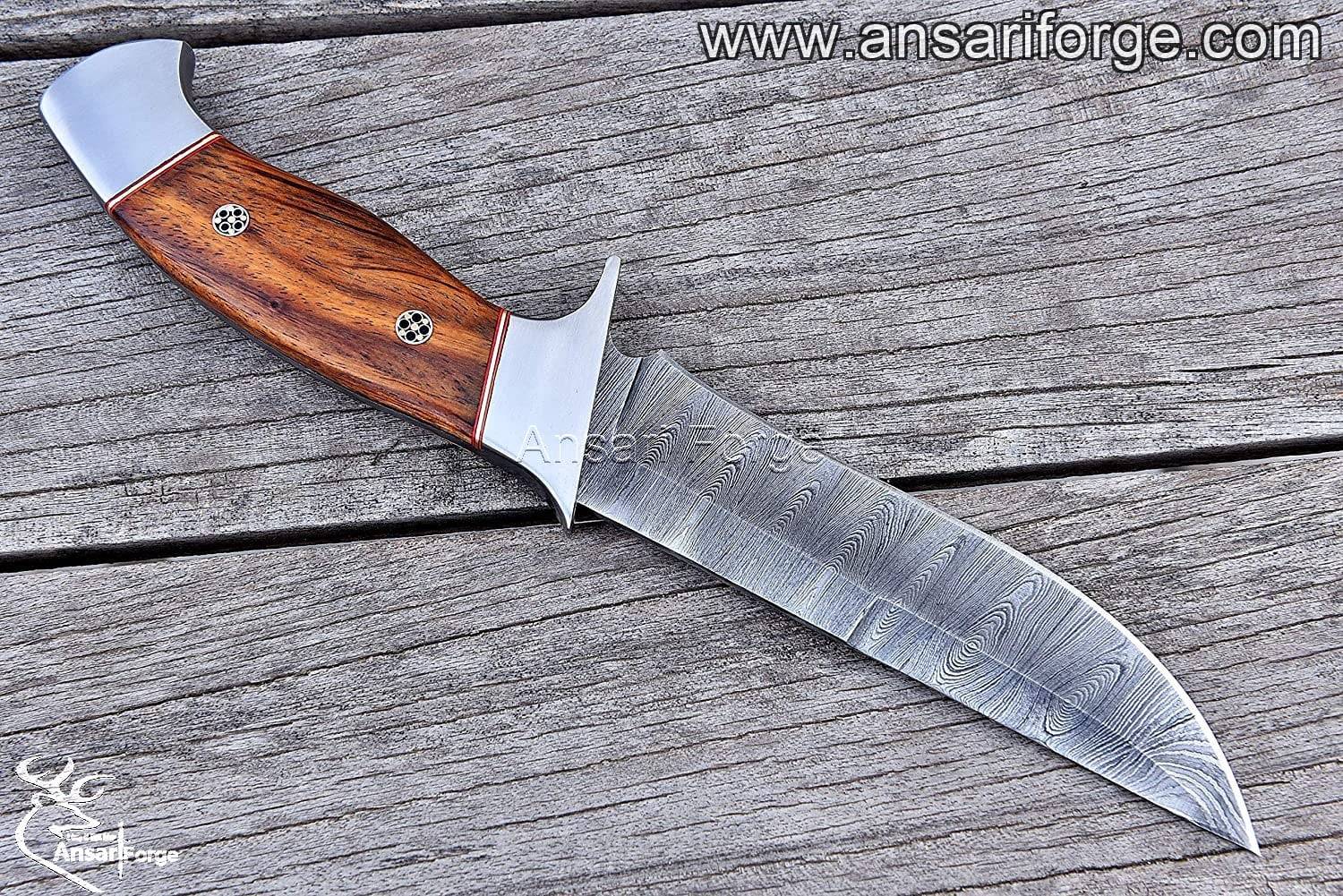 Hand-forged Damascus steel hunting knife with walnut wood handle and cowhide leather sheath.