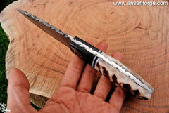 Custom handmade Damascus knife ram horn handle and sheath for hunting survival - Tactical knives