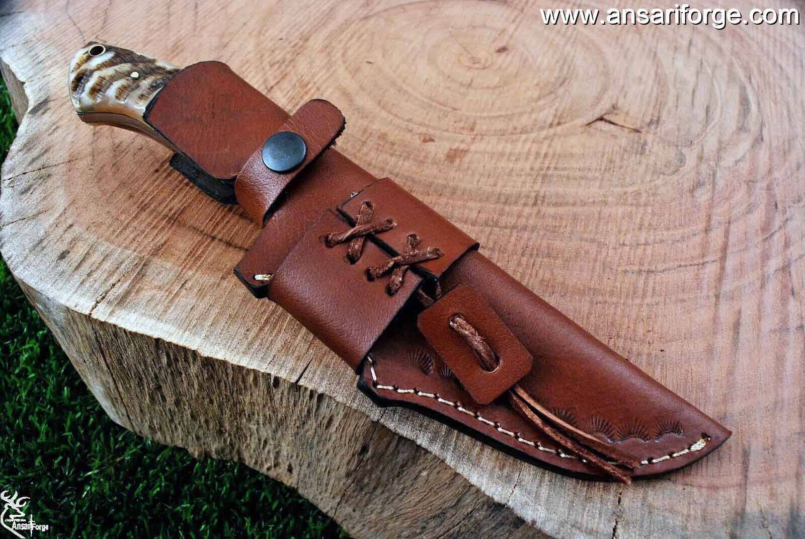 Custom handmade Damascus knife ram horn handle and sheath for hunting survival - Tactical knives