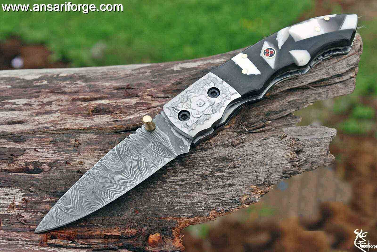 EDC Classic Damascus Folding Camping Pocket Knives with Liner Lock, Custom resin handle ,Gifts/Collections | Ansari Forge .