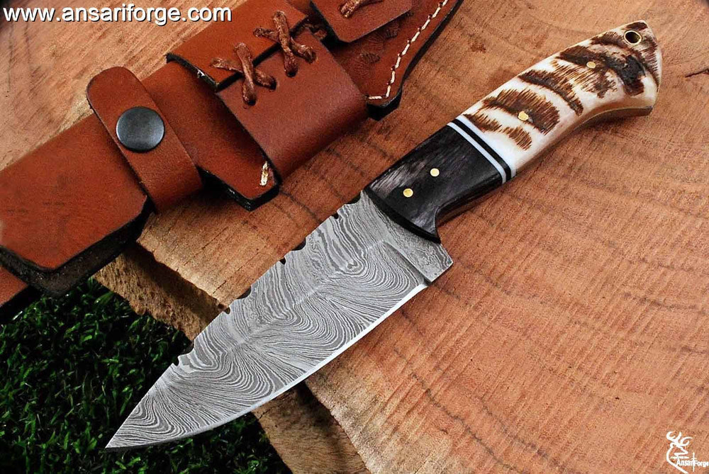 Custom handmade Damascus knife ram horn handle and sheath for hunting survival - Tactical knives