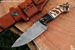 Custom handmade Damascus knife ram horn handle and sheath for hunting survival - Tactical knives