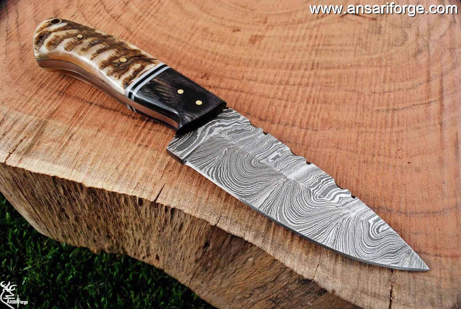 Custom handmade Damascus knife ram horn handle and sheath for hunting survival - Tactical knives