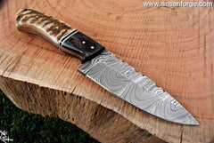 Custom handmade Damascus knife ram horn handle and sheath for hunting survival - Tactical knives