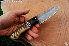 Custom handmade Damascus knife ram horn handle and sheath for hunting survival - Tactical knives