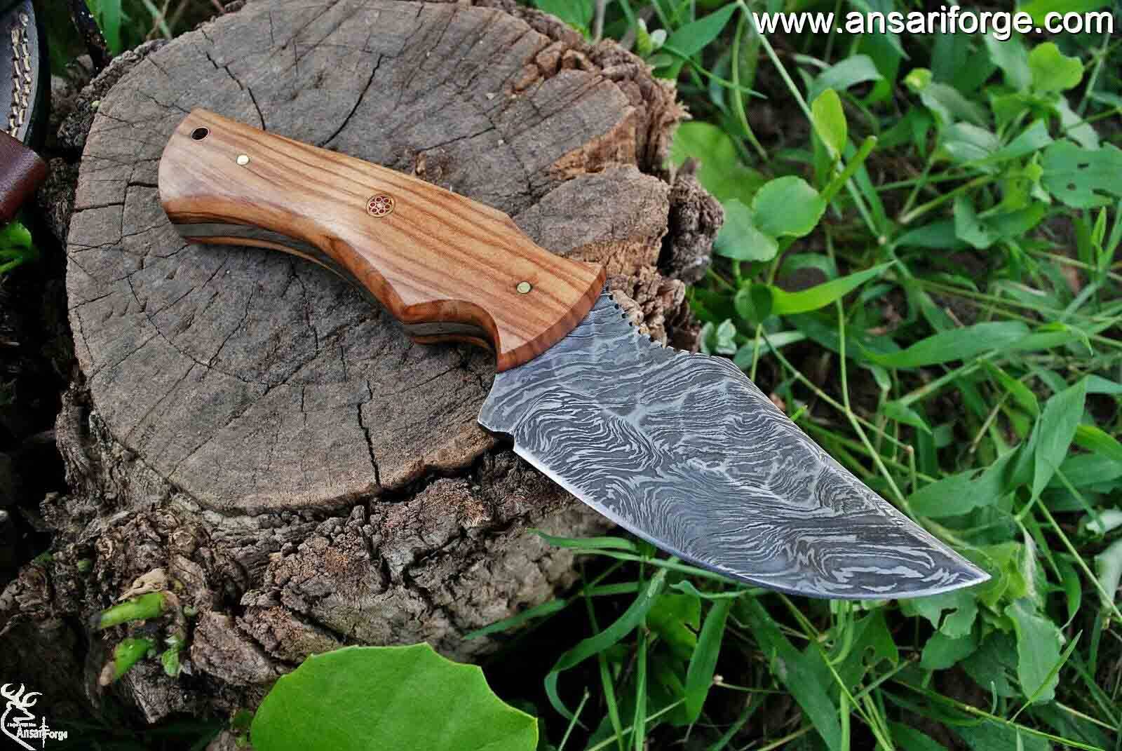 Damascus steel hunting knife with leather sheath - 8.0 " inches custom knife wood handle