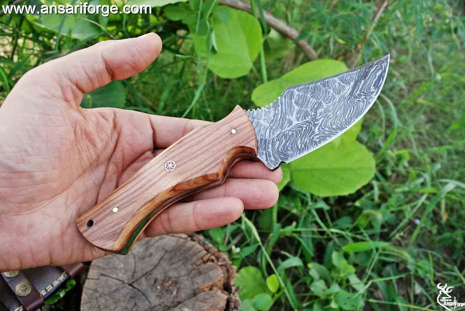 Damascus steel hunting knife with leather sheath - 8.0 " inches custom knife wood handle