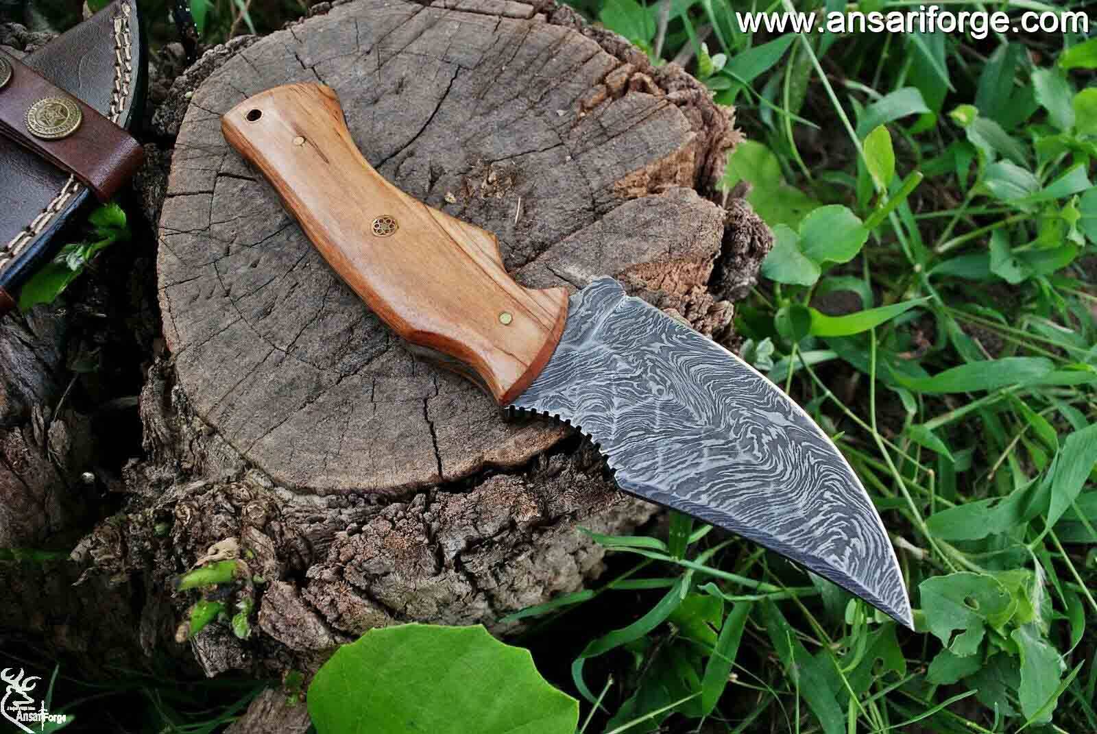 Damascus steel hunting knife with leather sheath - 8.0 " inches custom knife wood handle