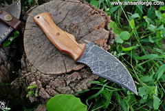 Damascus steel hunting knife with leather sheath - 8.0 " inches custom knife wood handle