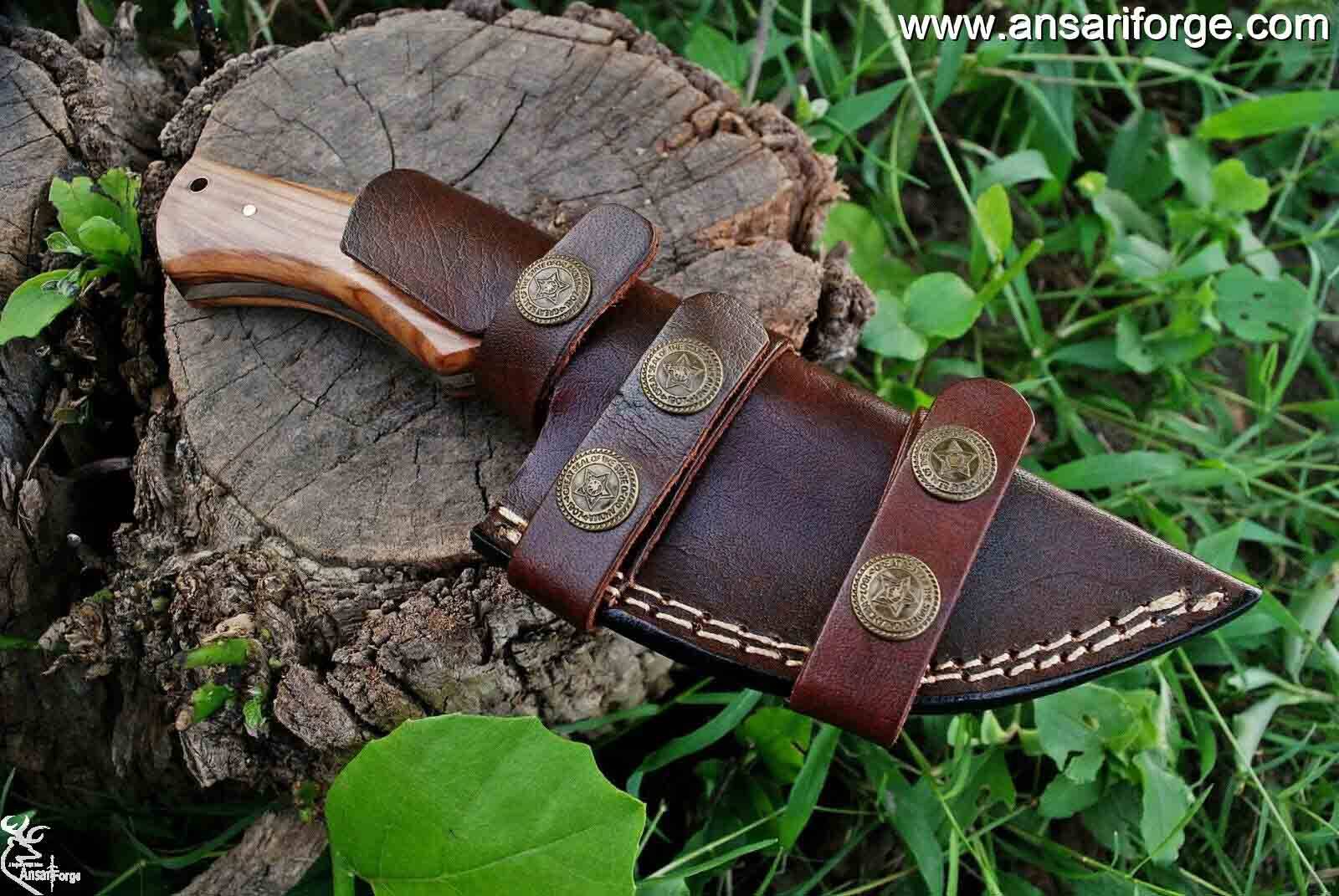 Damascus steel hunting knife with leather sheath - 8.0 " inches custom knife wood handle