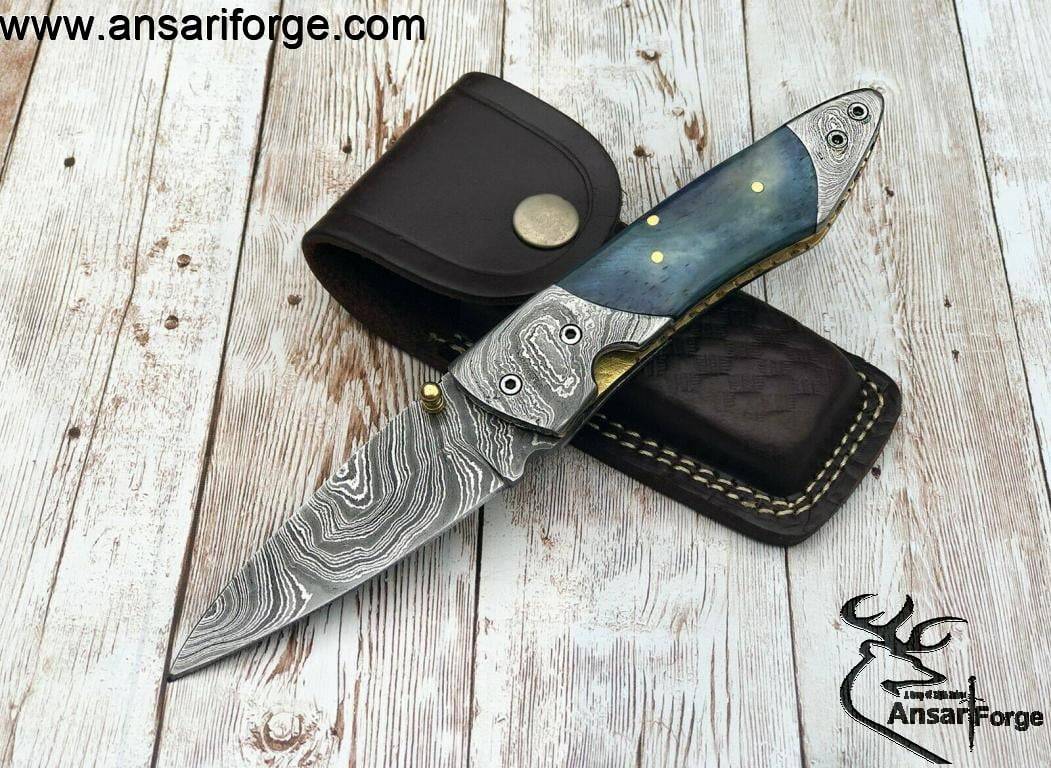 Damascus Folding Pocket Knife Handmade with Clip for Men, Damascus Hunting Knife EDC Knife with Liner Lock for Outdoor Survival Camping Collection, Bone Handle