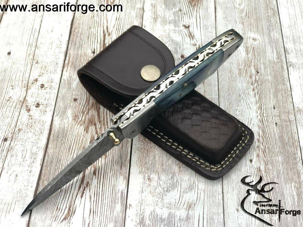 Damascus Folding Pocket Knife Handmade with Clip for Men, Damascus Hunting Knife EDC Knife with Liner Lock for Outdoor Survival Camping Collection, Bone Handle