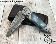 Damascus Folding Pocket Knife Handmade with Clip for Men, Damascus Hunting Knife EDC Knife with Liner Lock for Outdoor Survival Camping Collection, Bone Handle