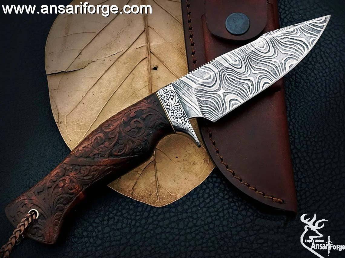 Damascus steel Handmade Wood Carving Handle Engraved Hilt Hunting Knife - Gift For Men
