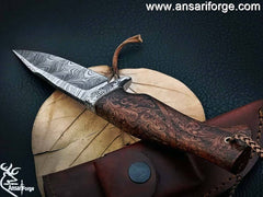 Damascus steel Handmade Wood Carving Handle Engraved Hilt Hunting Knife - Gift For Men