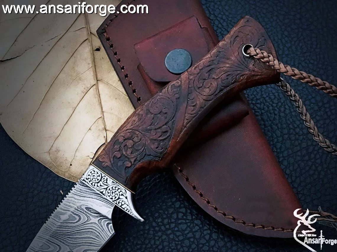 Damascus steel Handmade Wood Carving Handle Engraved Hilt Hunting Knife - Gift For Men