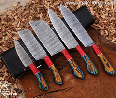 Custom handmade Damascus steel kitchen knives set with pakka wood handle and roll bag
