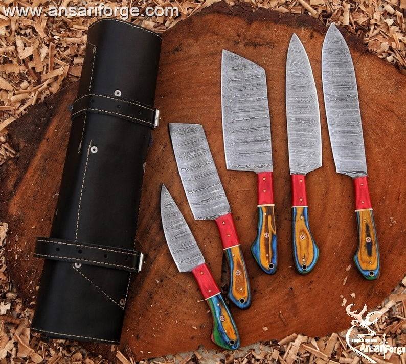 Custom handmade Forged Damascus steel Chef Knife Set 5 kitchen knives With Case / Roll bag