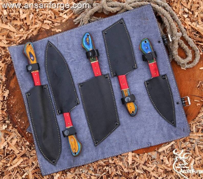 Custom handmade Forged Damascus steel Chef Knife Set 5 kitchen knives With Case / Roll bag