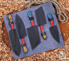 Custom handmade Forged Damascus steel Chef Knife Set 5 kitchen knives With Case / Roll bag