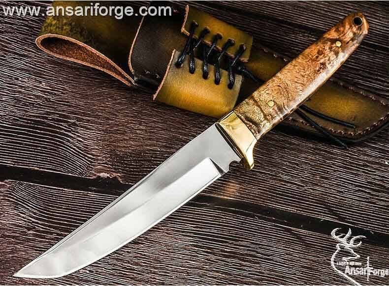 Custom handmade tool steel tanto hunter knife 420J2 forged tool steel full tang mirror polished tanto blade with 54 HRC hardness . 99.9% pure brass hilt and walnut wood handle . Always comes with genuine cowhide leather sheath 