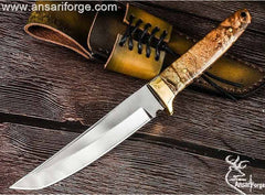 Custom handmade tool steel tanto hunter knife 420J2 forged tool steel full tang mirror polished tanto blade with 54 HRC hardness . 99.9% pure brass hilt and walnut wood handle . Always comes with genuine cowhide leather sheath 