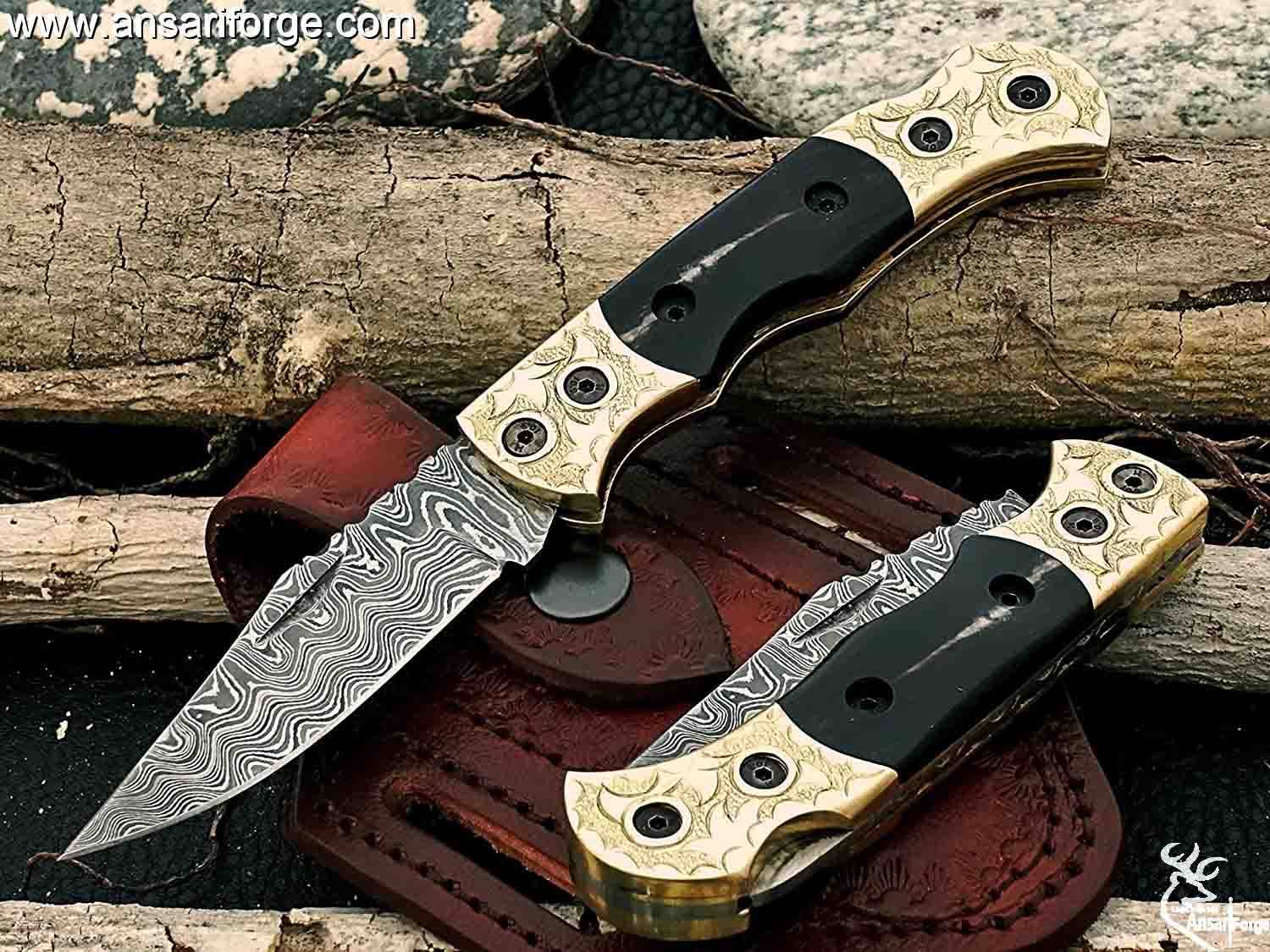 Back Lock Handmade Folding knife Pocket knife Damascus Steel Blade Back Lock Bull Horn Handle Engraved Bolsters Leather Sheath .