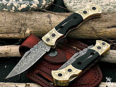 Back Lock Handmade Folding knife Pocket knife Damascus Steel Blade Back Lock Bull Horn Handle Engraved Bolsters Leather Sheath .