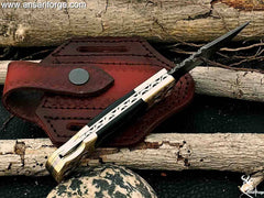 Back Lock Handmade Folding knife Pocket knife Damascus Steel Blade Back Lock Bull Horn Handle Engraved Bolsters Leather Sheath