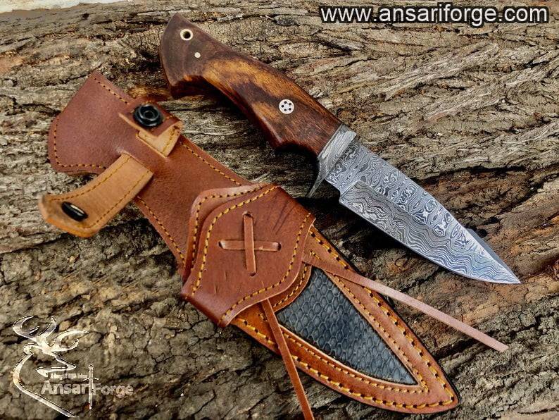 Personalized hand forged Damascus steel hunting knife