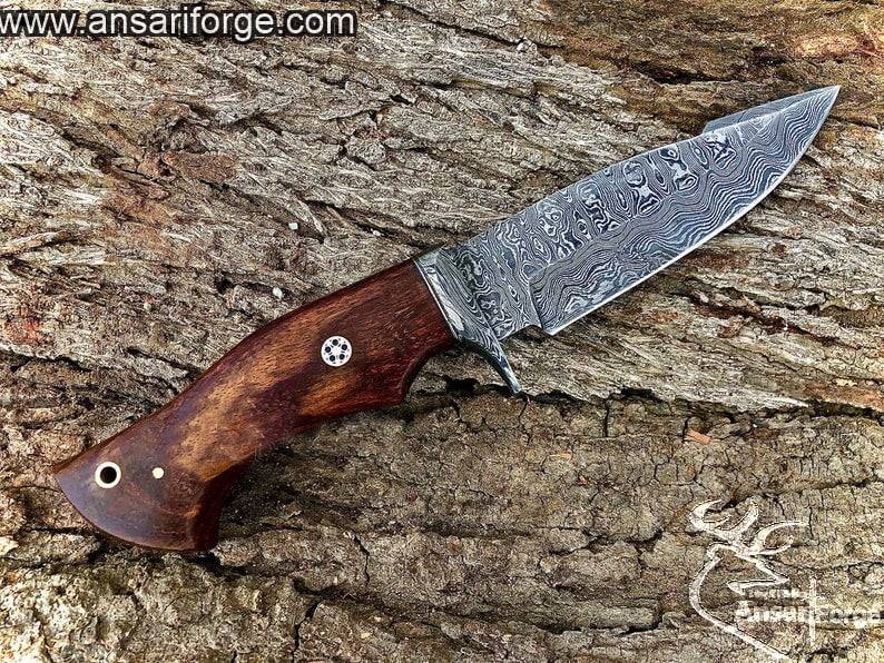 Personalized hand forged Damascus steel hunting knife