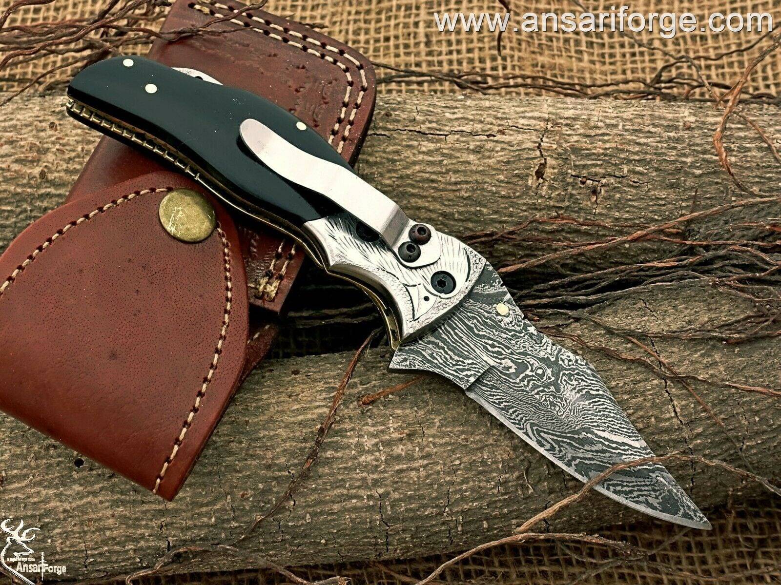 Premium Damascus Folding Knife - Open Position Showing Razor-Sharp 3.5" Blade.