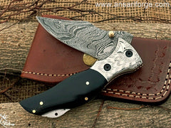 Real Damascus Knife with Leather Sheath - 1095 & 15n20 Steel Construction.