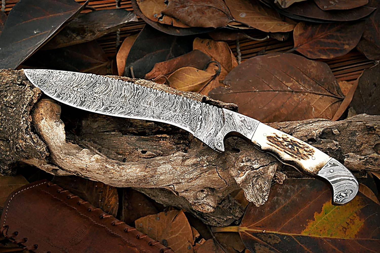 Custom Handmade Damascus Steel Hunting Bowie Knife Stag Handle And Leather Sheath
