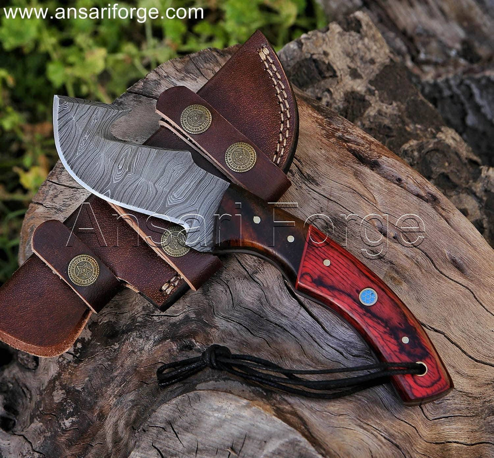 Fixed Blade Damascus Gut Hook Knife, 9-inch Full Tang - Wood Handle, Leather Sheath Included, for Skinning, Hunting, Outdoors