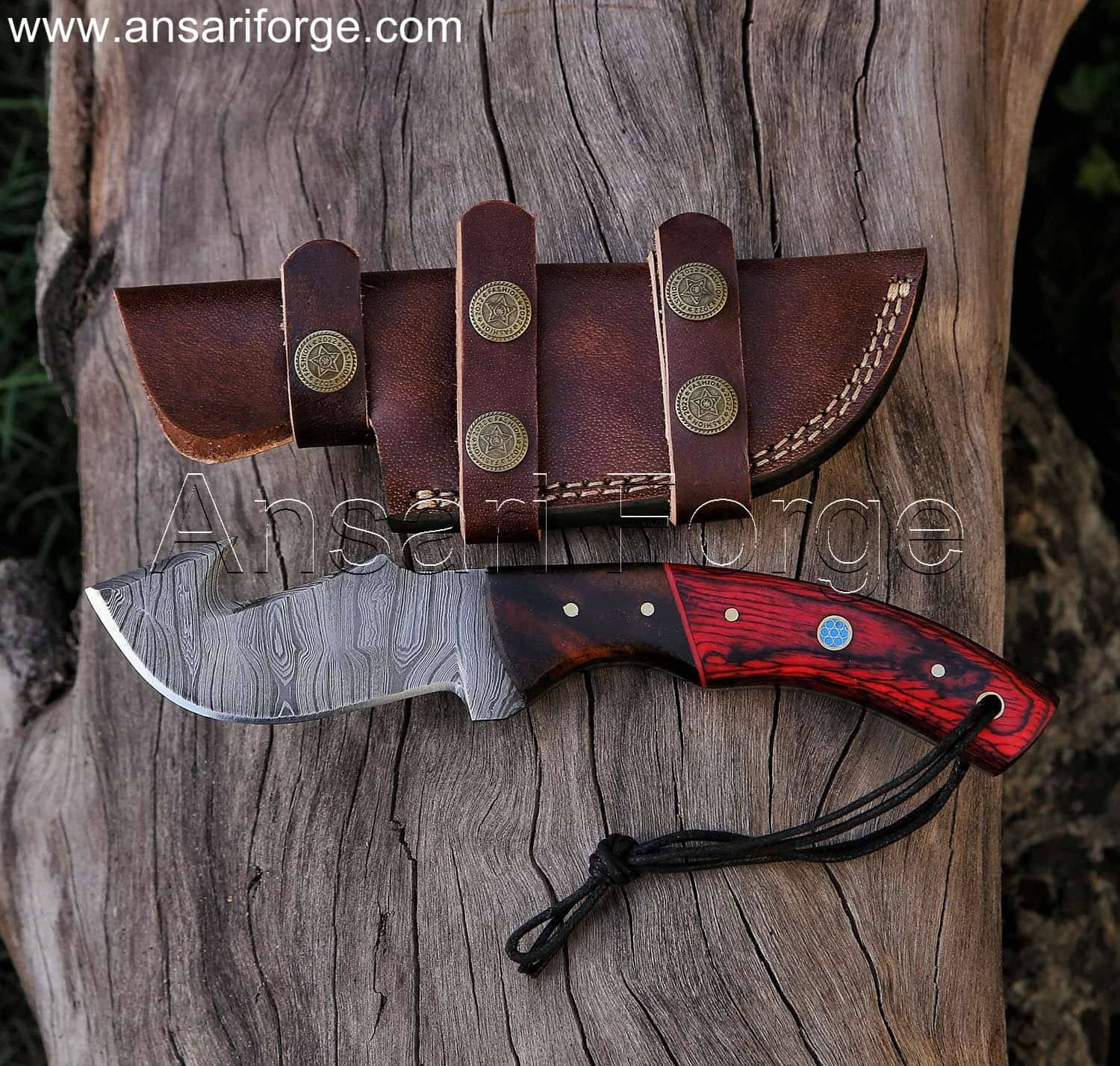 Hand-forged Damascus Gut Hook Knife with beautiful twist pattern, Pakkawood handle, and rosewood bolsters & leather sheath.