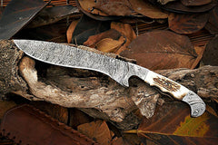 Custom Handmade Damascus Steel Hunting Bowie Knife Stag Handle And Leather Sheath