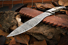 Custom Handmade Damascus Steel Hunting Bowie Knife Stag Handle And Leather Sheath